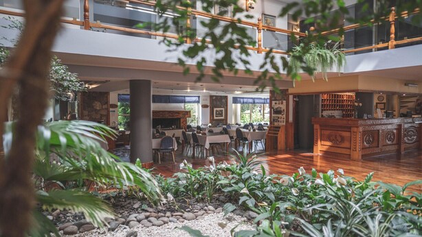 Amplio espacio interior con suelo de madera, varias mesas y sillas dispuestas para comer o reuniones. Hay plantas y un pequeño jardín con rocas y follaje.