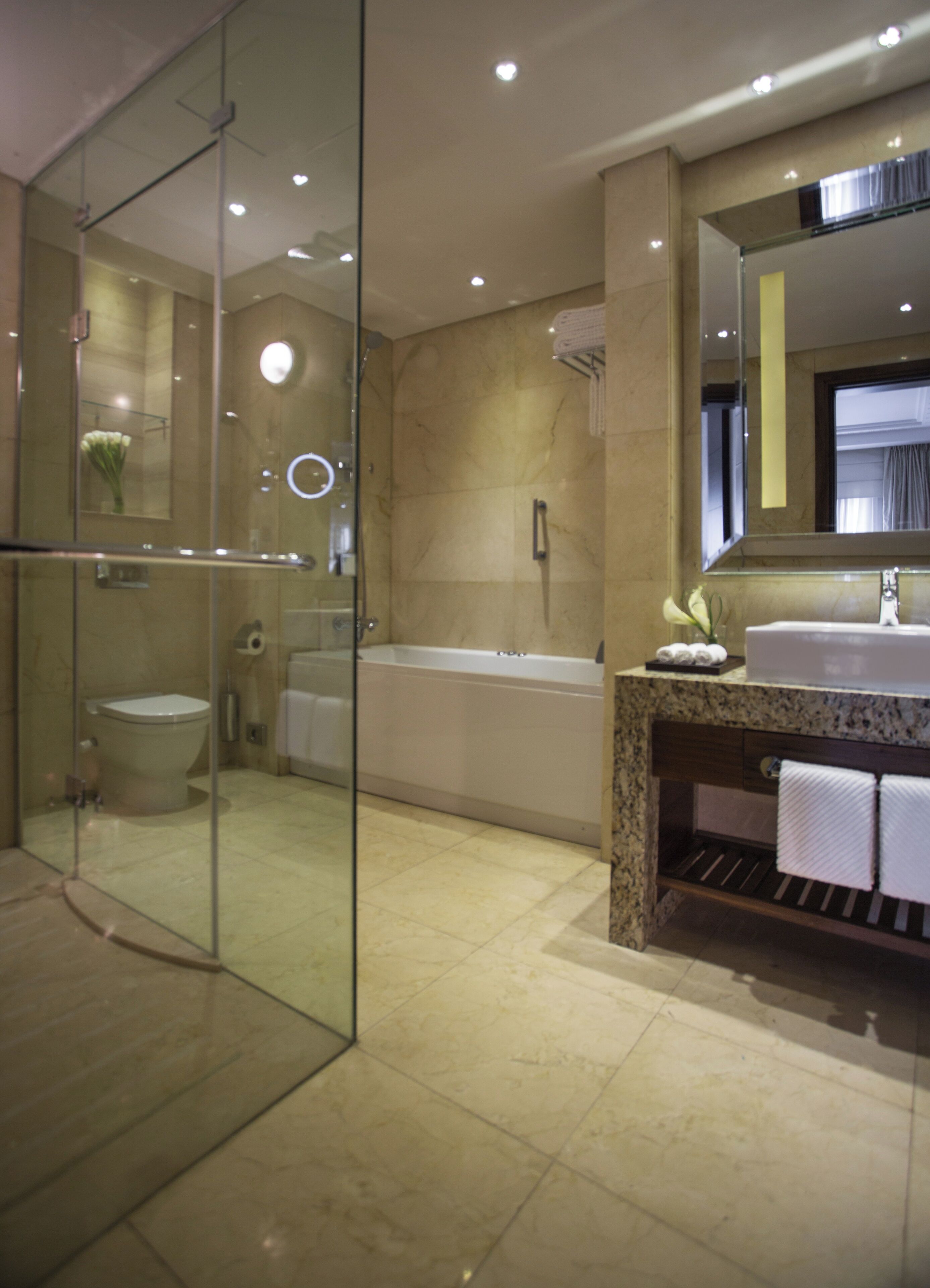 executive suite, 1 king bed, non smoking, pool view | bathroom | free toiletries, hair dryer, bathrobes, towels