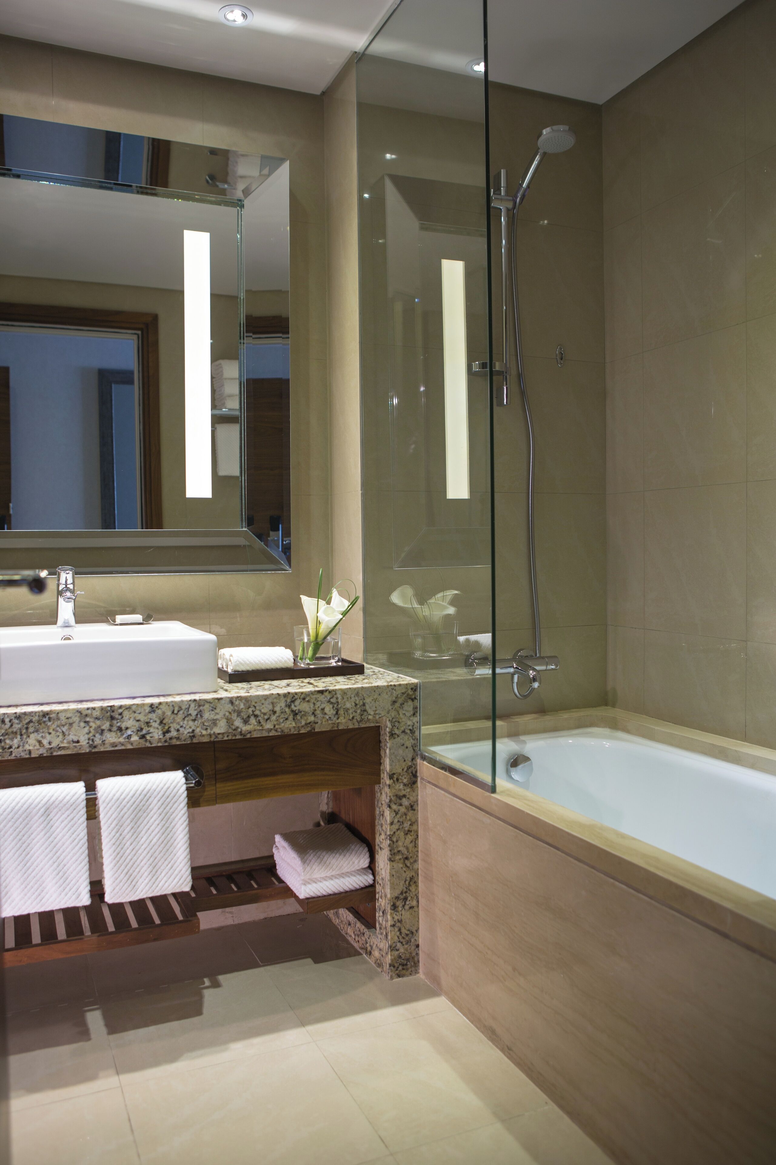 A modern bathroom with a glass-enclosed shower, a large sink, and a bathtub.
