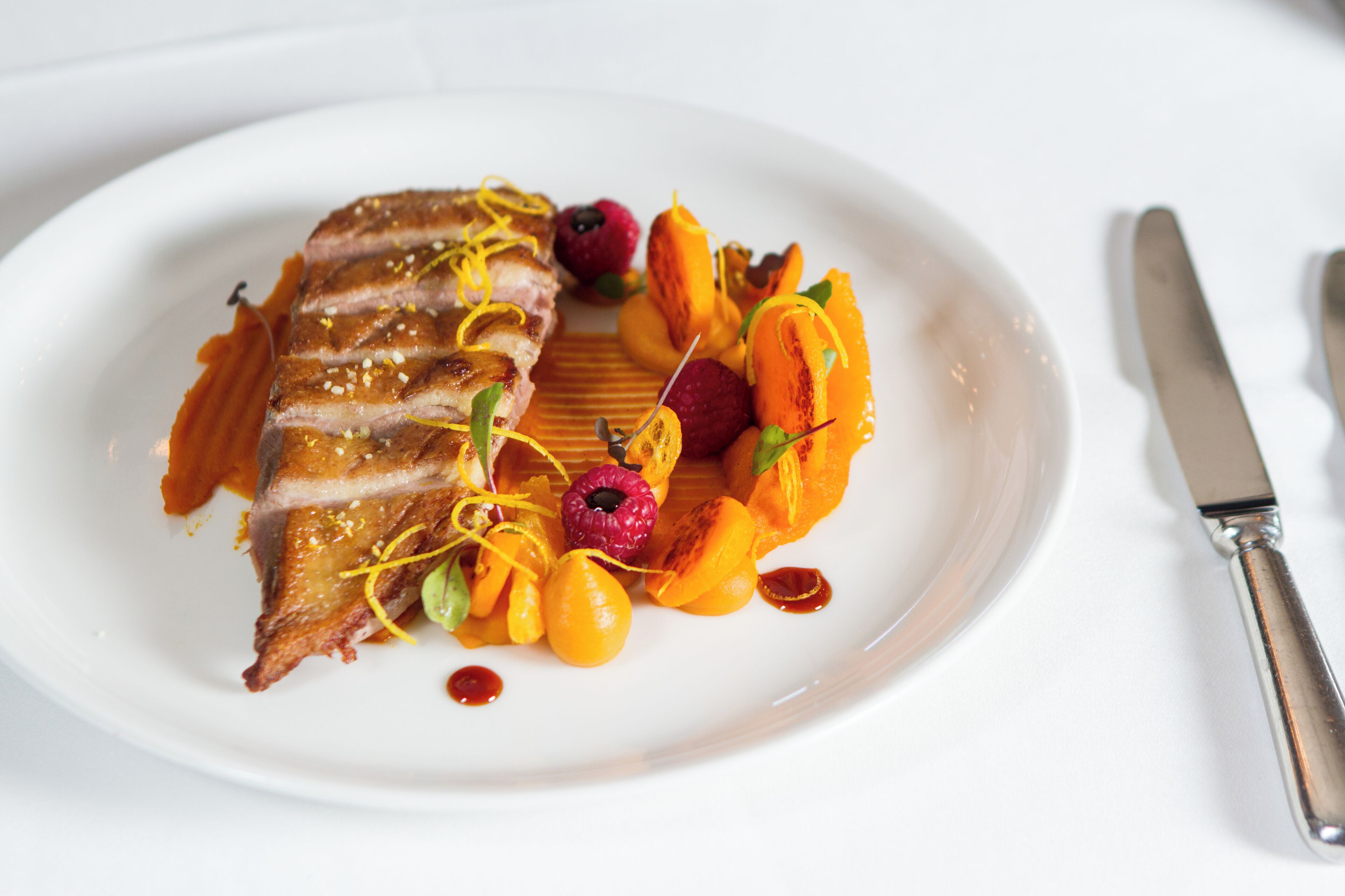Un plato con pato en rodajas, gajos de naranja y bayas.