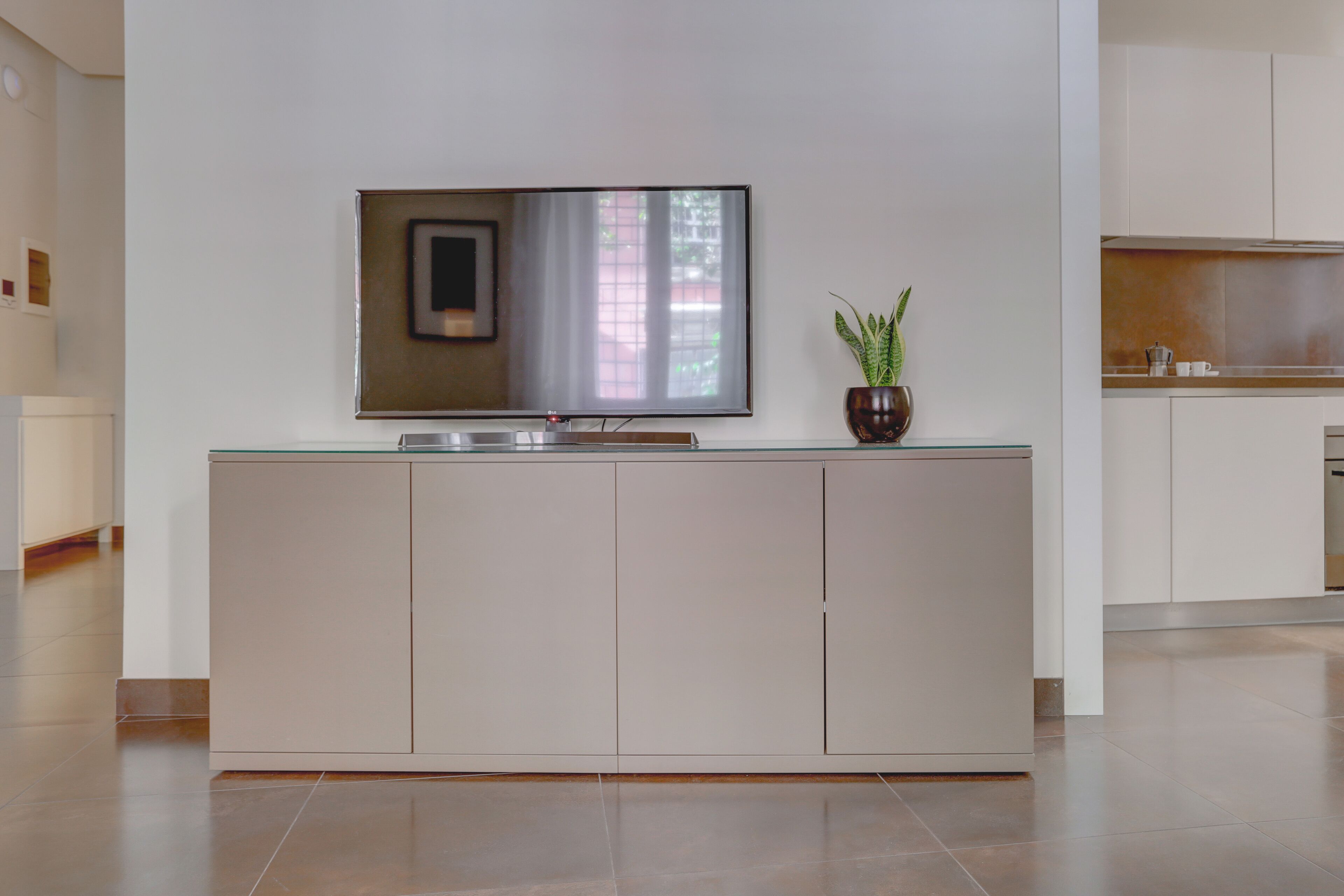 A modern kitchen with a built-in TV, a potted plant, and a minimalist design.