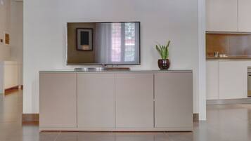 A modern kitchen with a built-in TV, a potted plant, and a minimalist design.