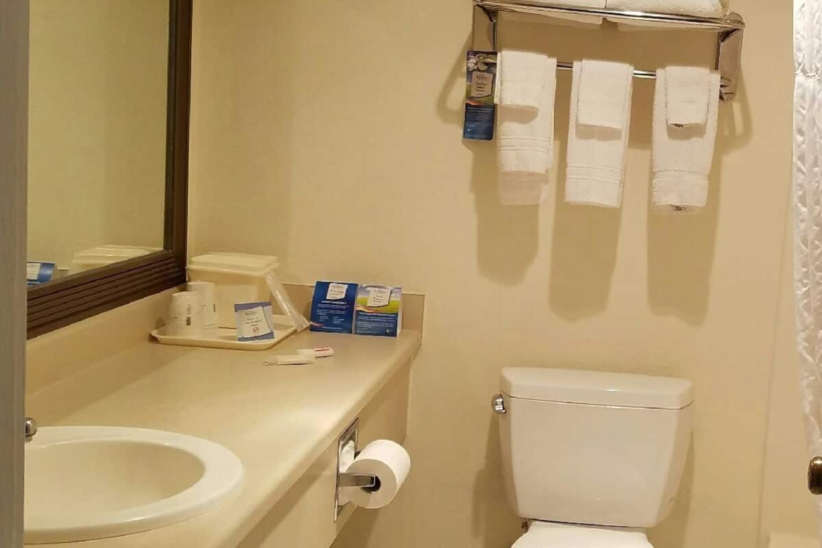 A bathroom with a sink, toilet, and a towel rack with multiple towels.