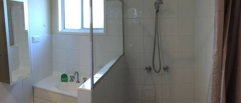 A bathroom with a shower, a sink, and a mirror.