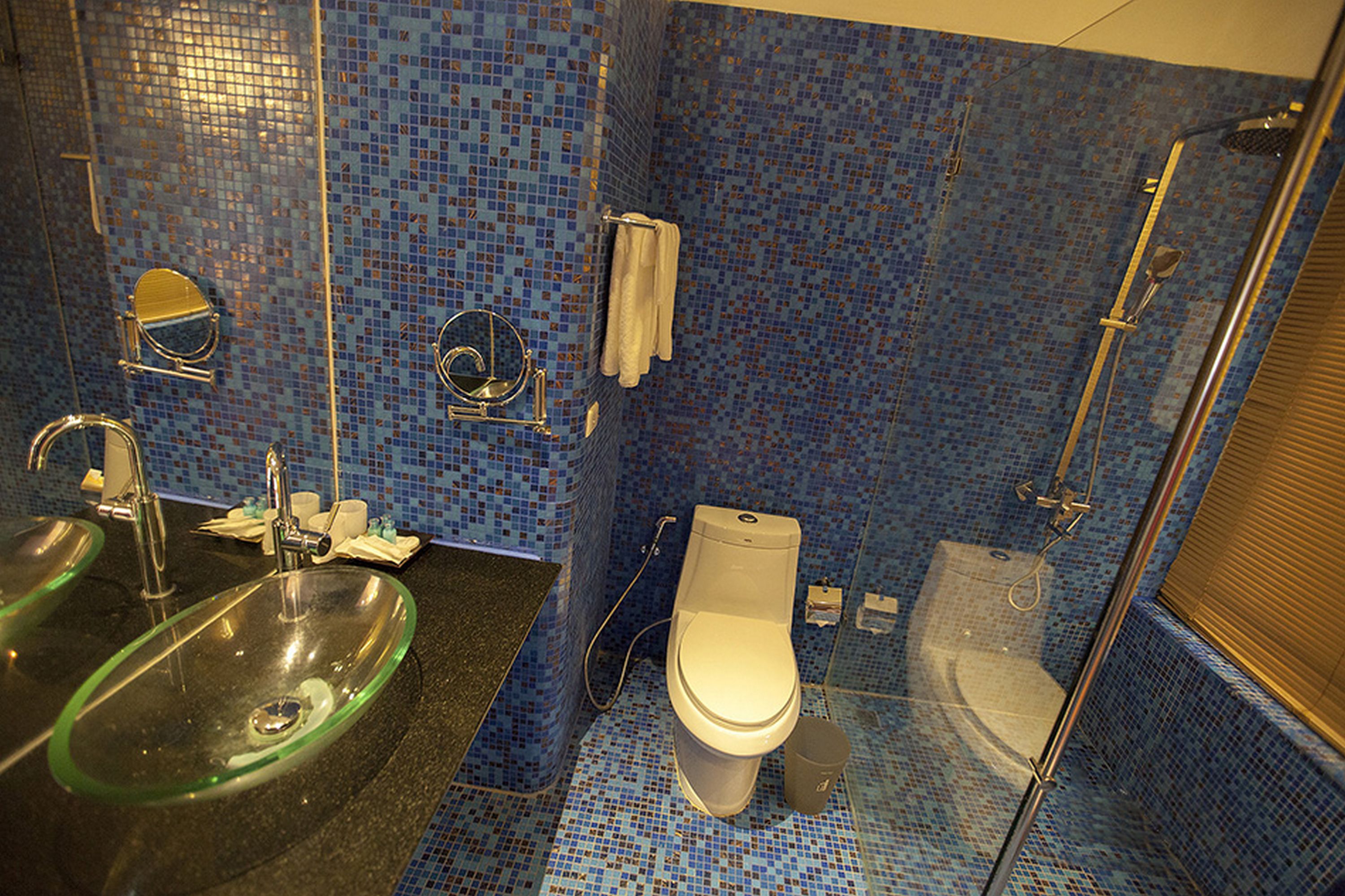 A bathroom with a glass sink, a toilet, and a shower.