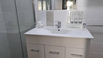A modern bathroom with a glass shower enclosure, a white vanity with a sink, and a mirror above it.