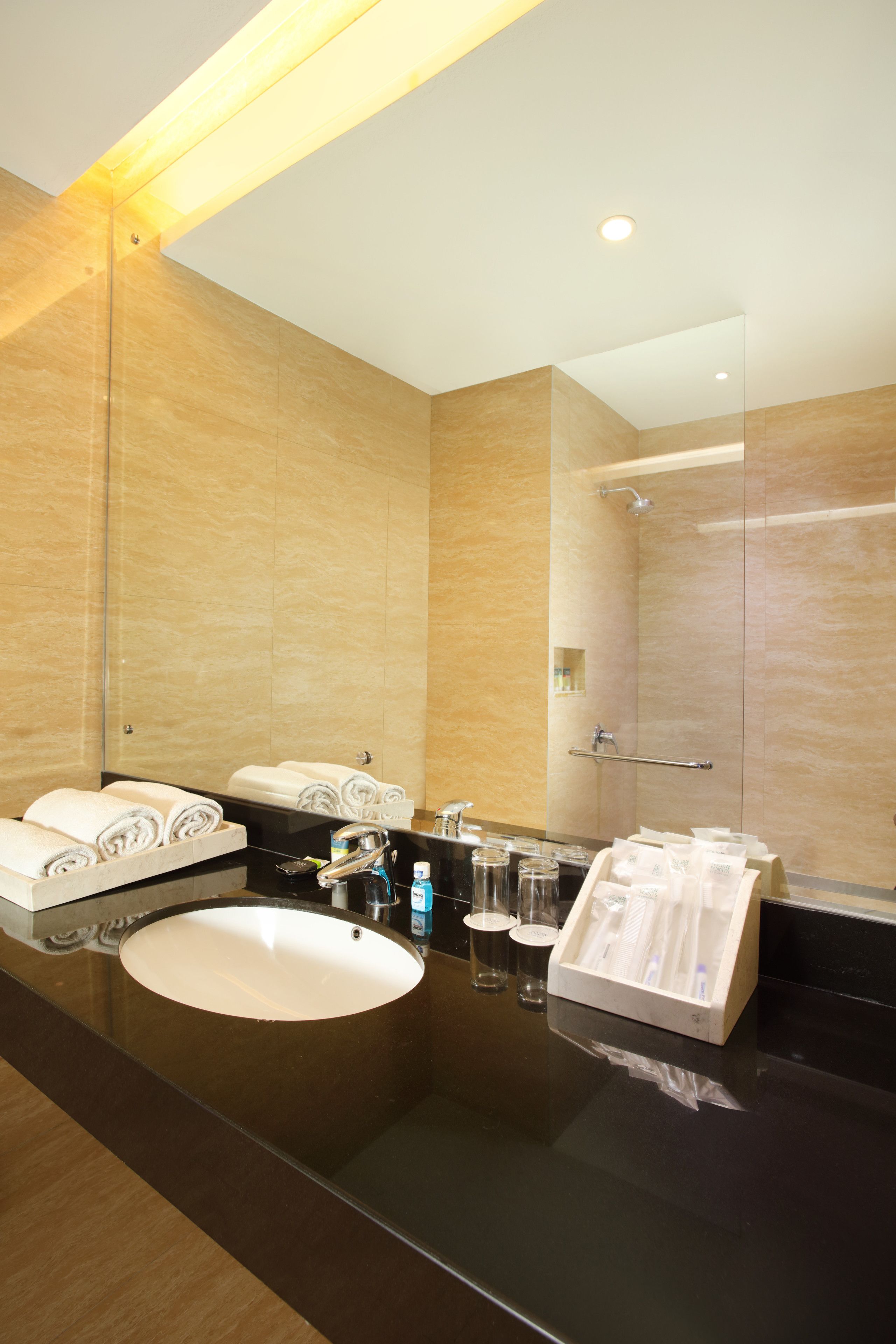 free toiletries, hair dryer, towels