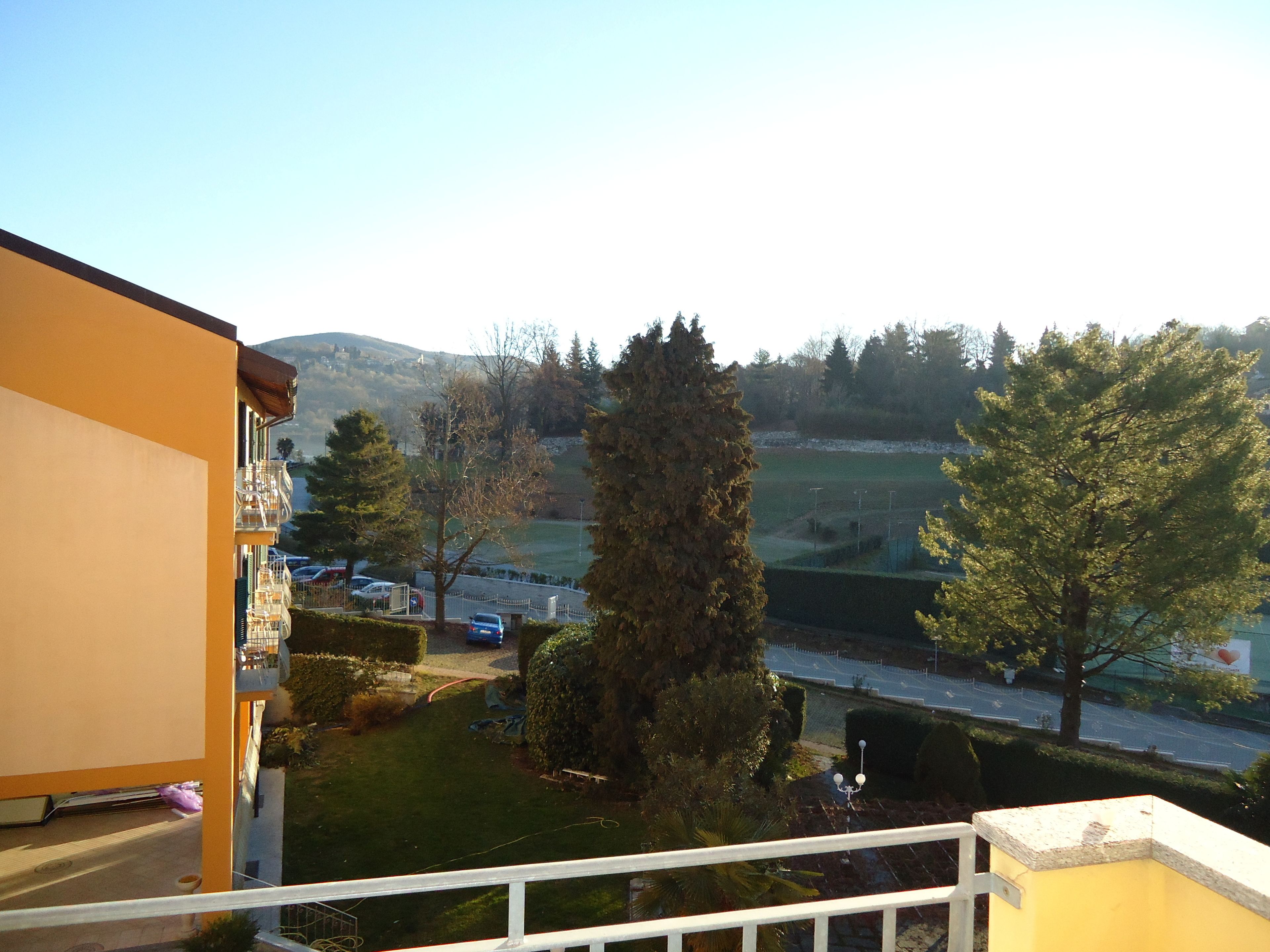 A residential balcony with a view of a green lawn, a tall tree, and a distant road.