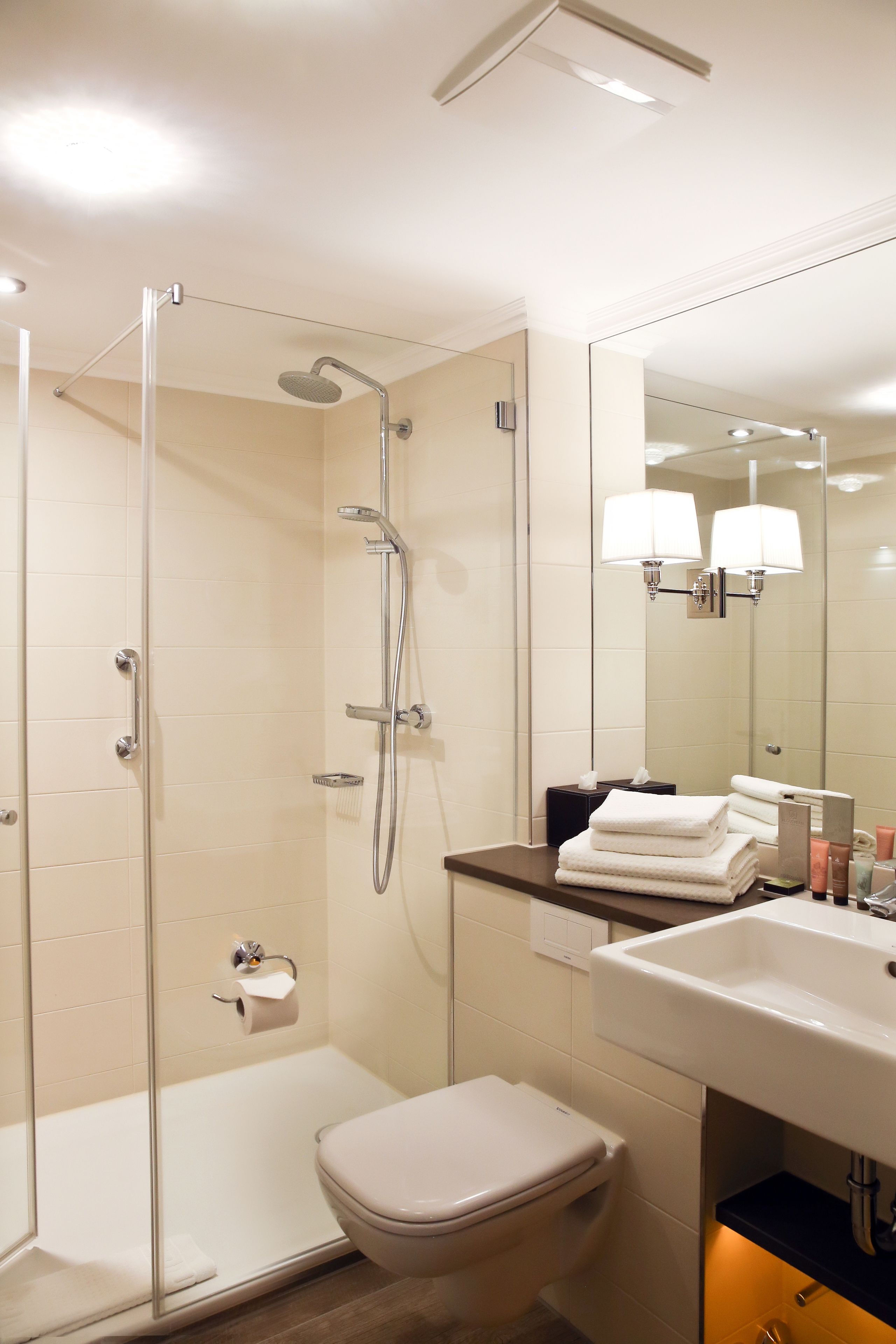 A modern bathroom with a glass-enclosed shower, a toilet, and a sink with a mirror above it.