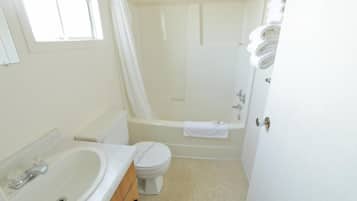Combined shower/tub, rainfall showerhead, hair dryer, towels