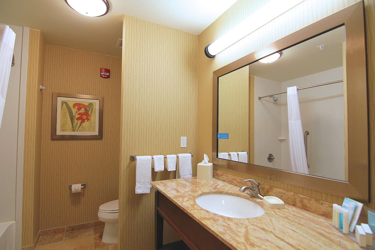 designer toiletries, hair dryer, towels