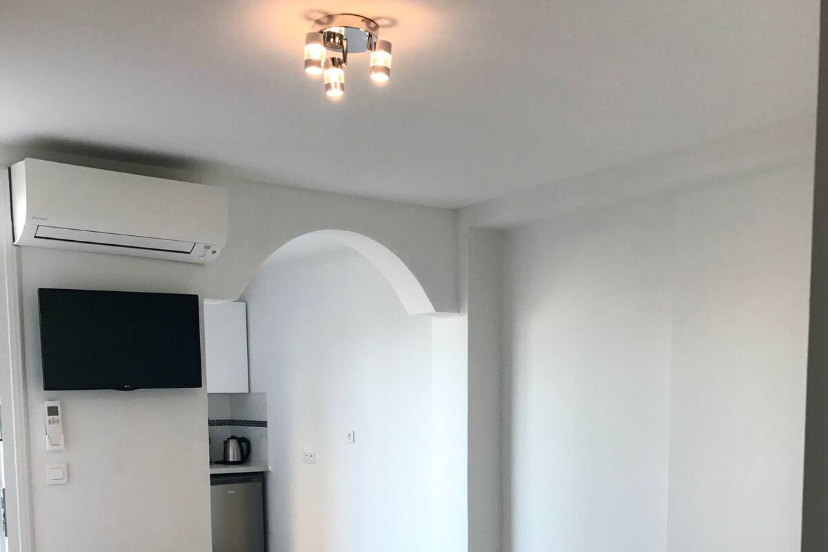 Une chambre avec un lit, un téléviseur fixé au mur, un coin cuisine et un luminaire au plafond.