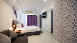 Un dormitorio moderno con cama, sofá, televisión y aire acondicionado.