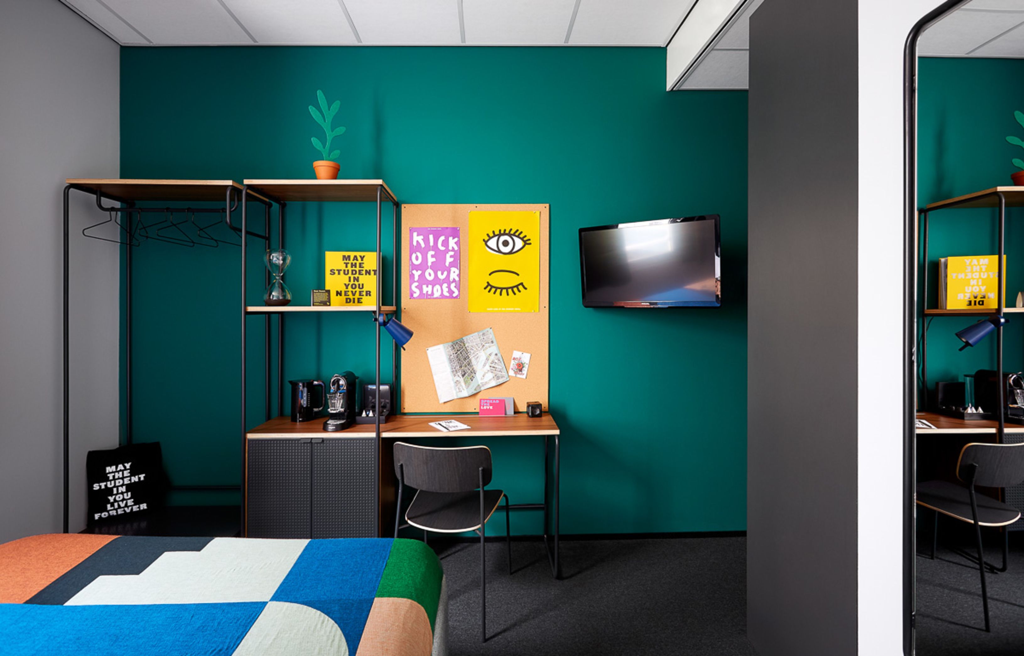 A modern room with teal walls, a desk, a chair, a bed, a TV, and a bookshelf.