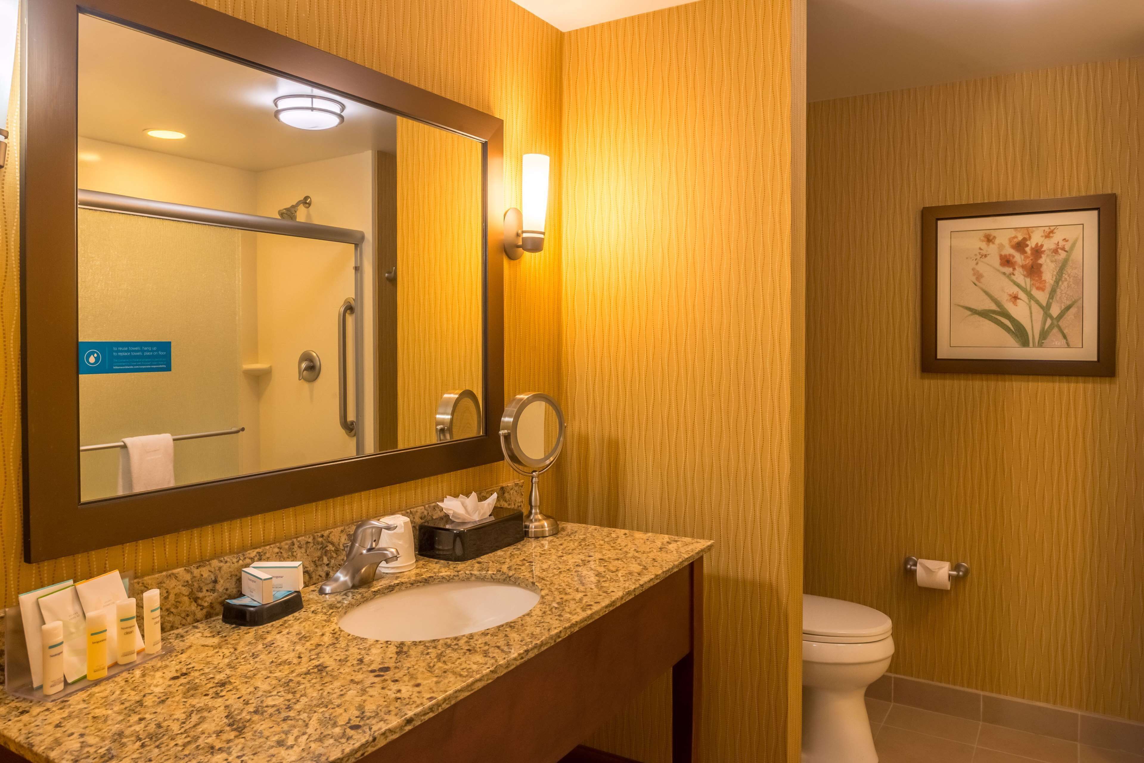 A hotel bathroom with a granite countertop sink, a large mirror, a handheld mirror, and a framed floral artwork on the wall.