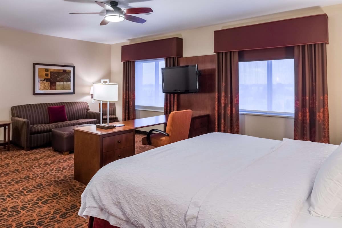 A hotel room with a bed, a desk, a chair, a sofa, a TV, and a ceiling fan.