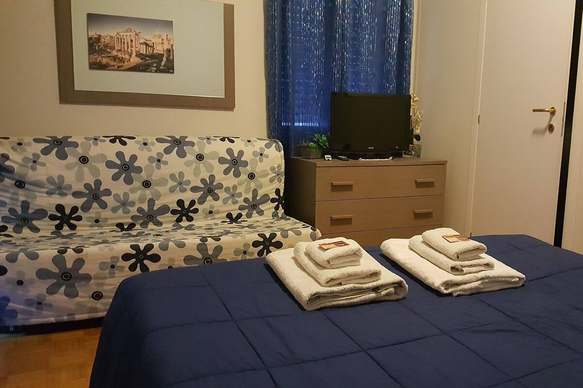 A bedroom with a bed, a sofa, a dresser, a TV, and a framed picture on the wall.
