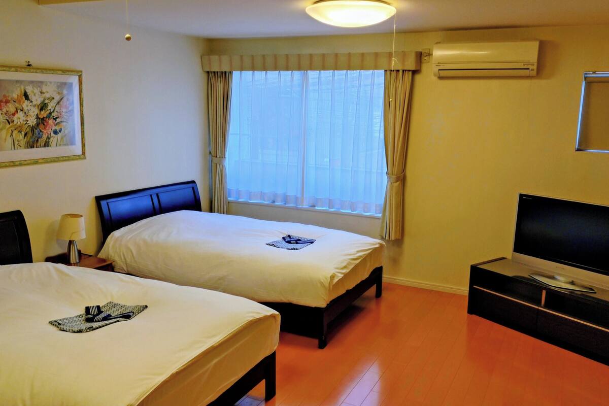 Een hotelkamer met twee bedden, een televisie, een airconditioner en een schilderij aan de muur.