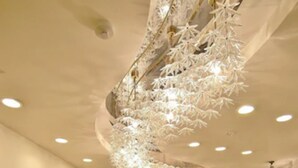 Eine Hotelhalle mit Empfangstresen, zwei Sesseln, einem gemusterten Teppich und einer dekorativen Deckenleuchte.