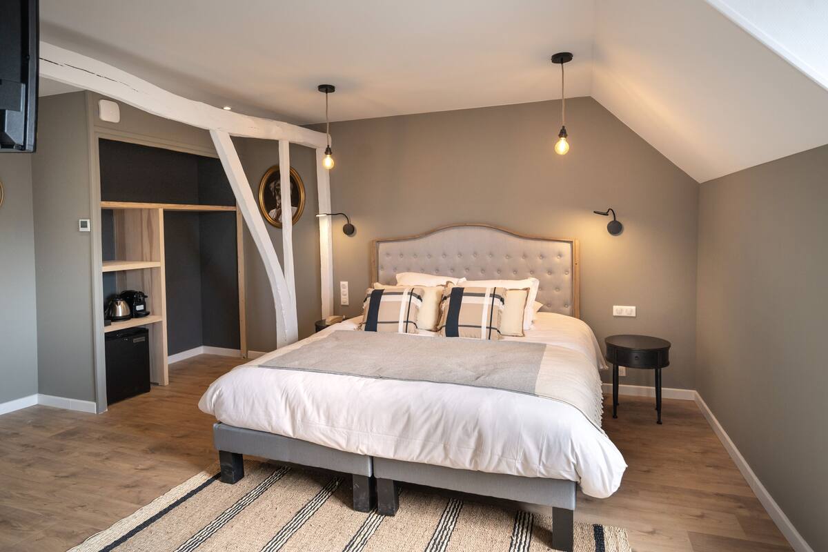 A bedroom with a large bed, a walk-in closet, and a modern design.