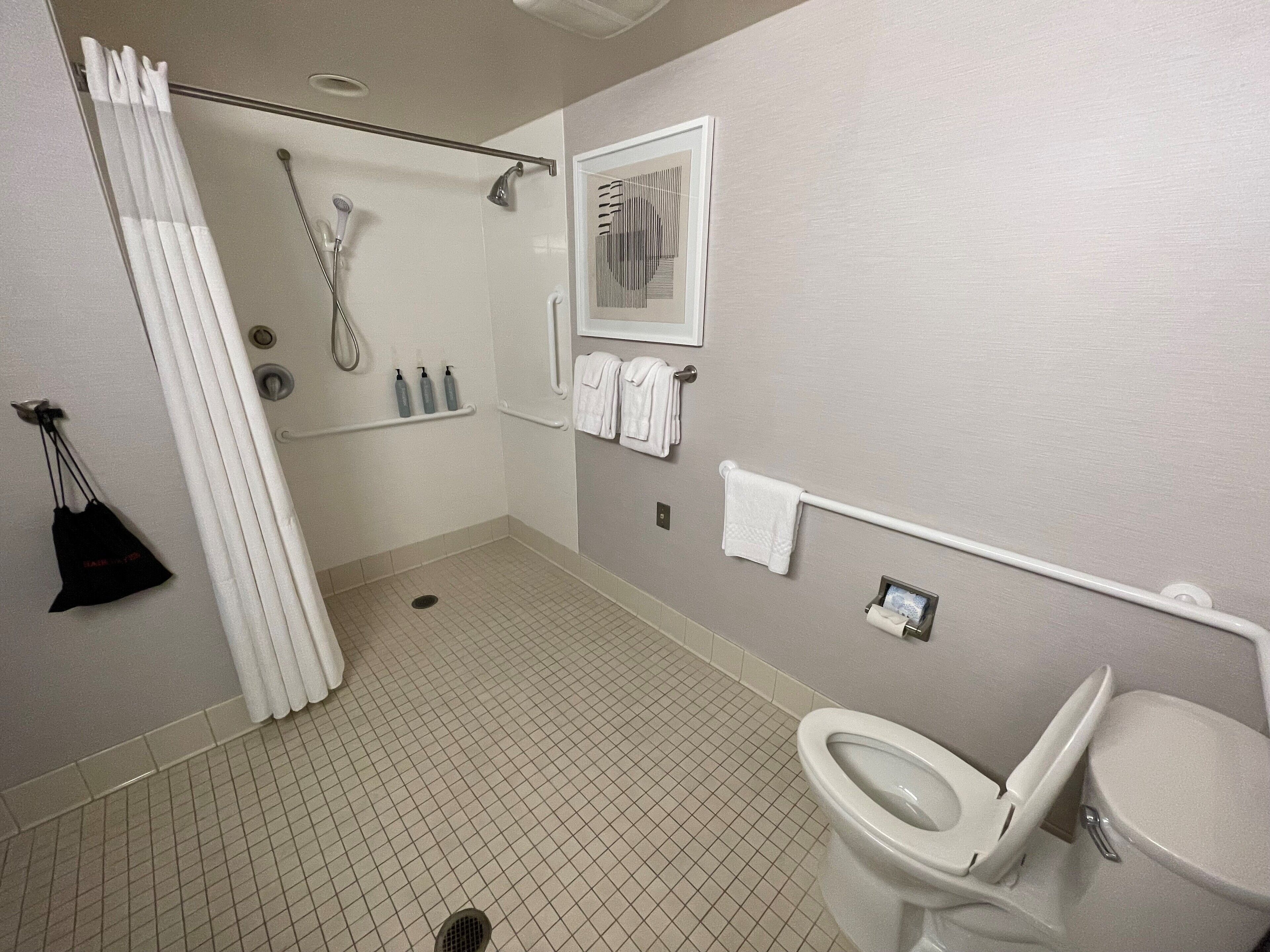 Une salle de bain équipée d’une douche, de toilettes et de barres d’appui.