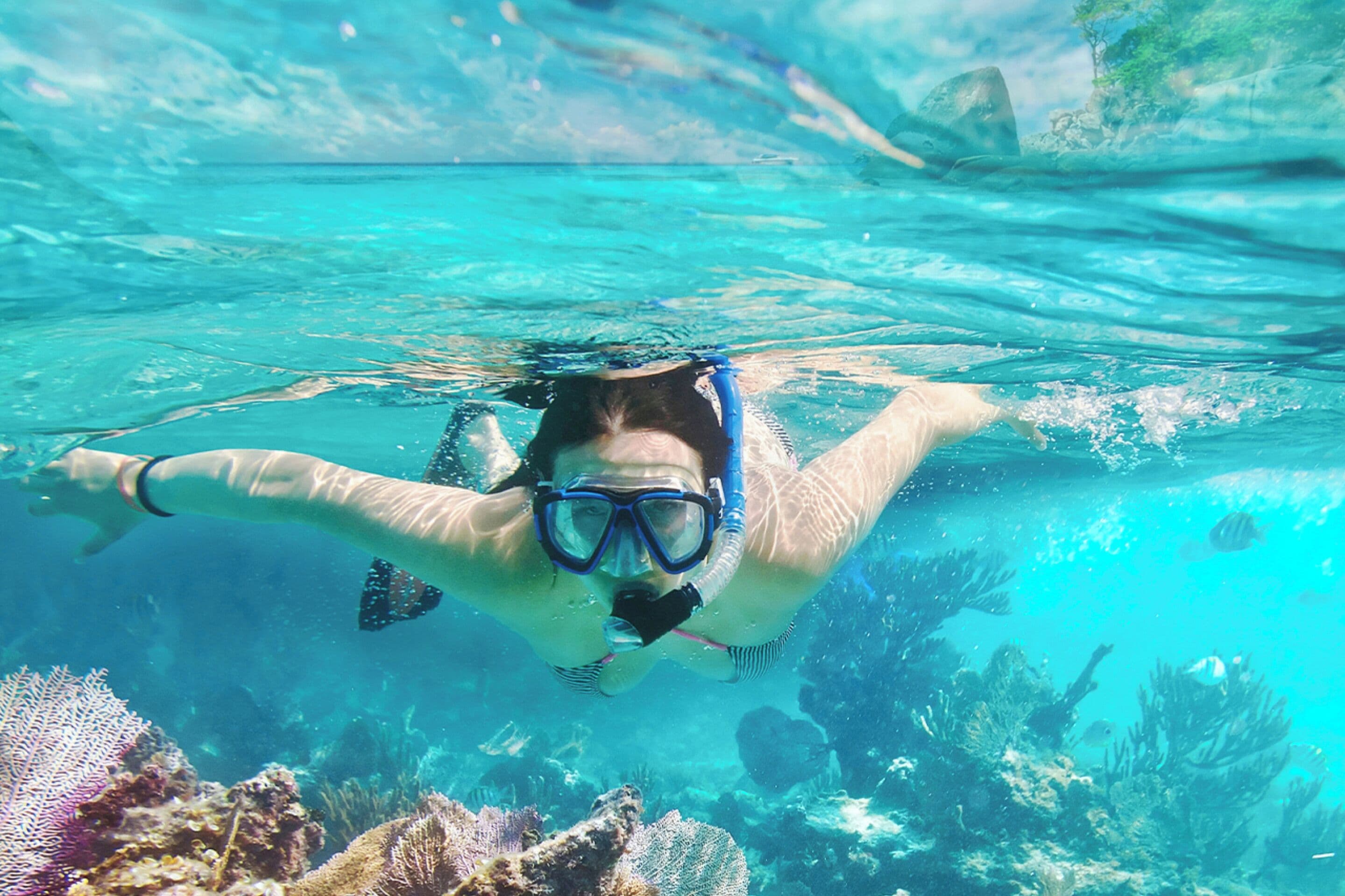 A person snorkeling underwater with a snorkel and mask.