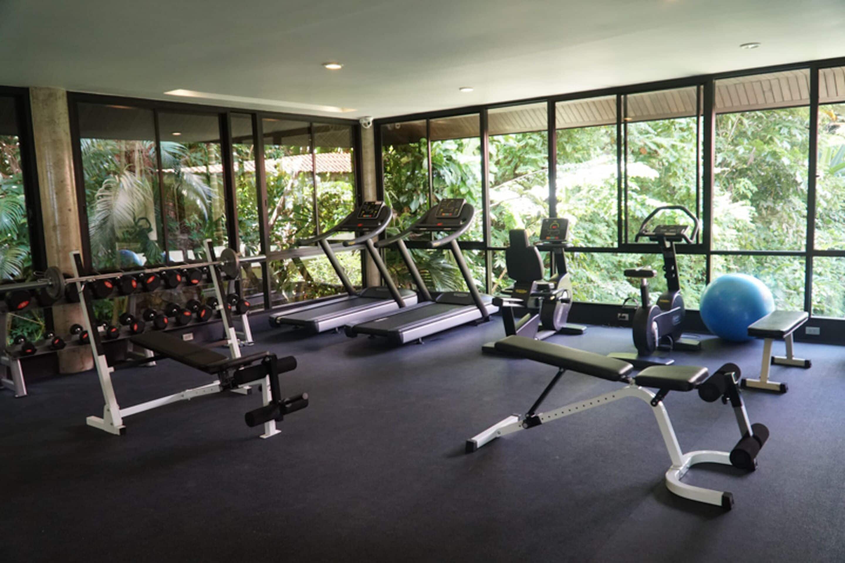 A gym with treadmills, weight machines, and exercise balls.