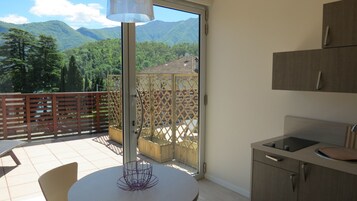 Apartamento, balcón, vistas parciales al lago | Cocina privada | Frigorífico grande, microondas (previa solicitud) y placa de cocina