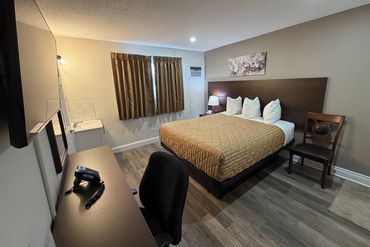 Une chambre d’hôtel avec un lit, un bureau, une chaise et un tableau au mur.