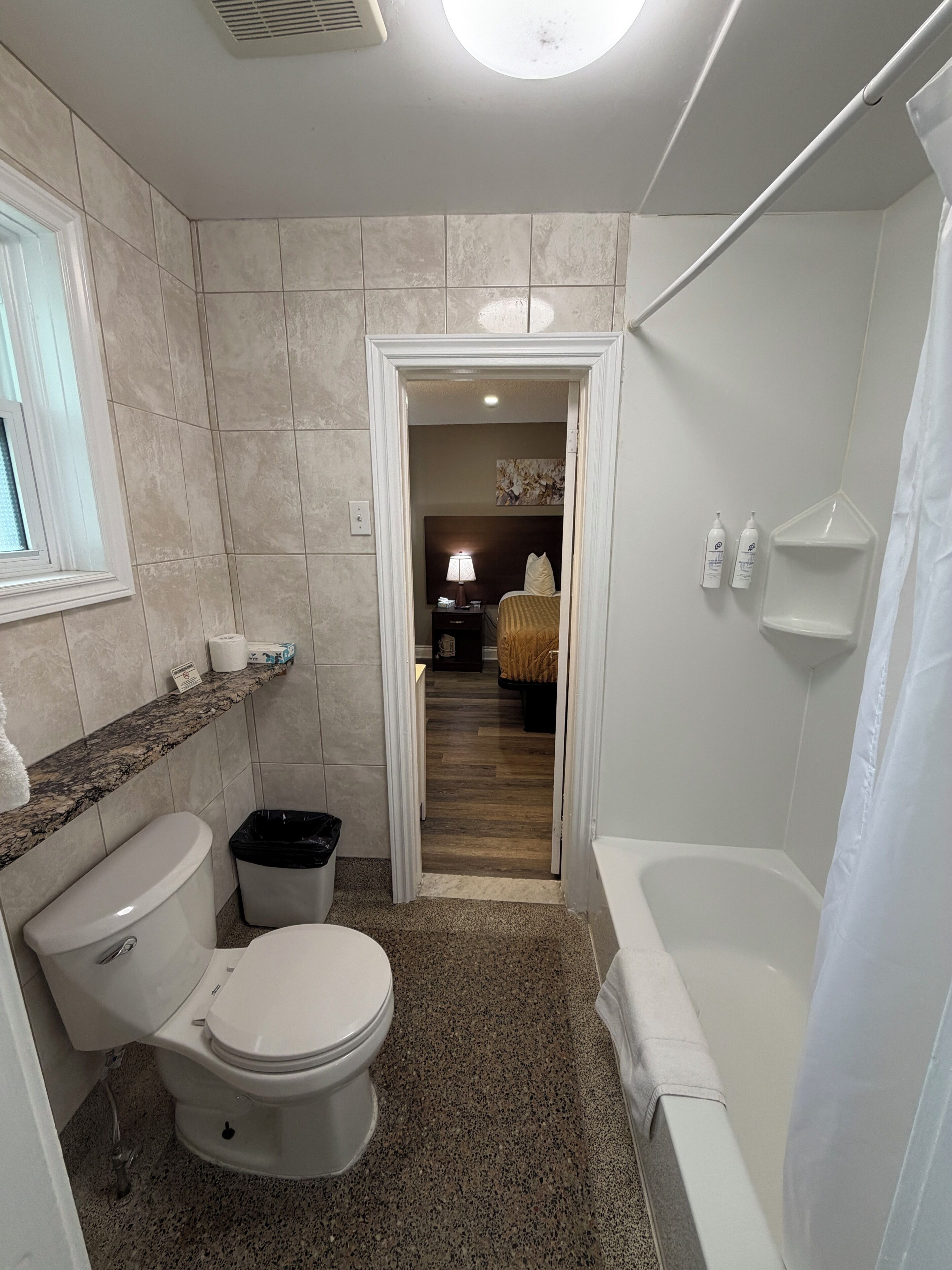 A bathroom with a toilet, sink, shower, and a doorway leading to a bedroom.