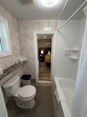 Un baño con inodoro, lavamanos, ducha y una puerta que da a un dormitorio.