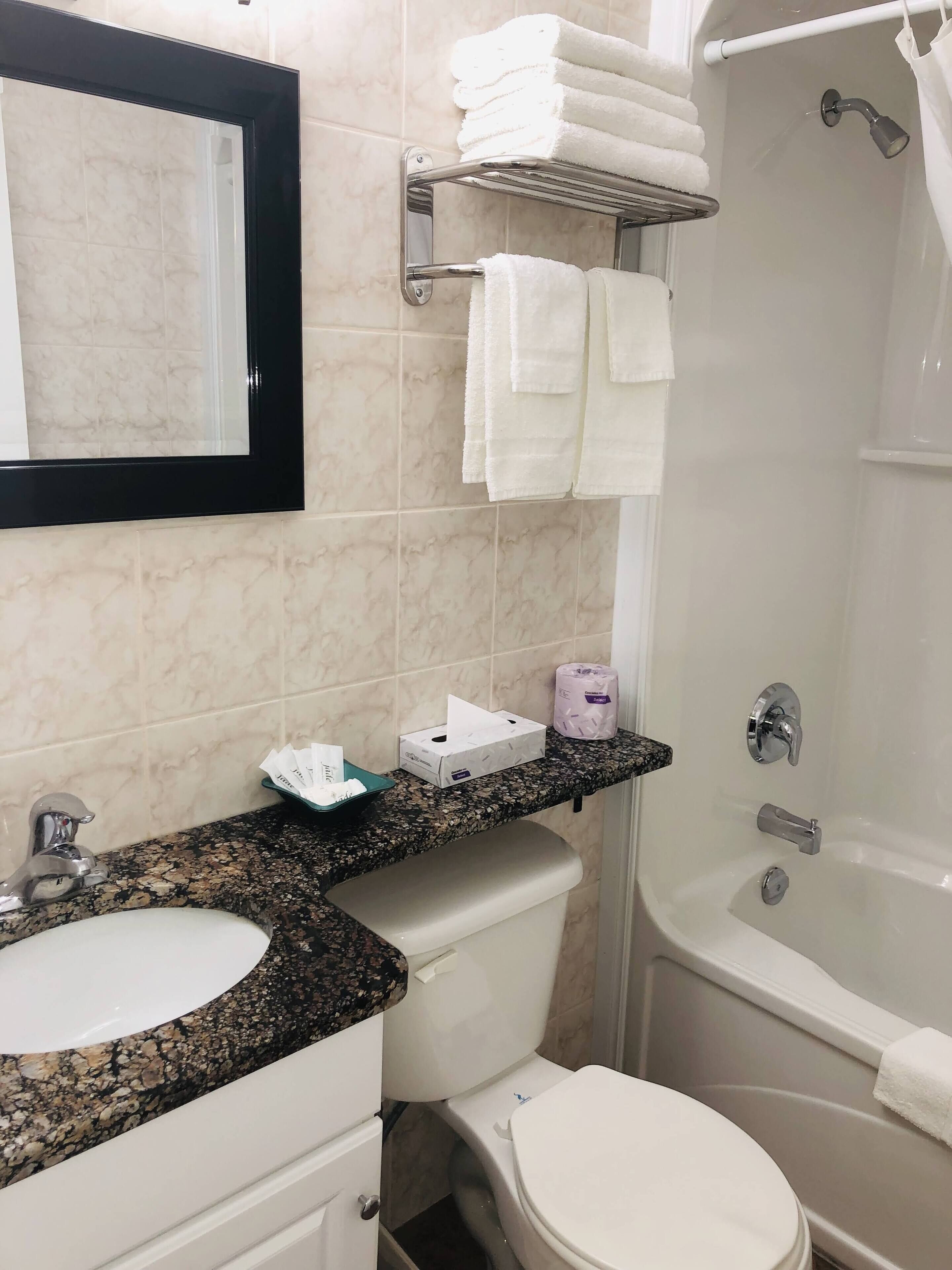 A bathroom with a sink, toilet, and shower. There are towels on a rack and a toilet paper dispenser on the counter.