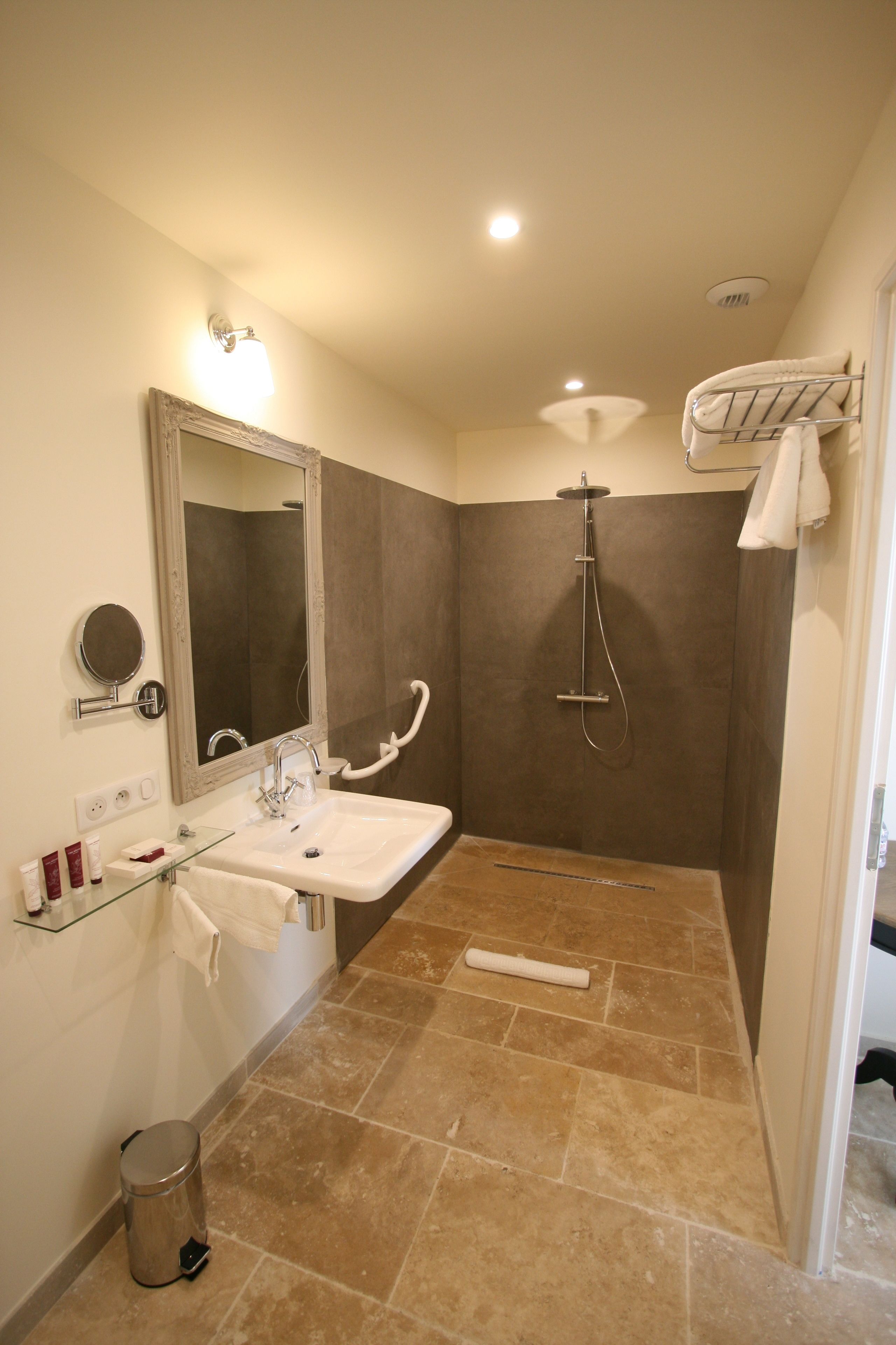 A modern bathroom with a glass-enclosed sink, a large mirror, a shower with a handheld showerhead, and a towel rack.
