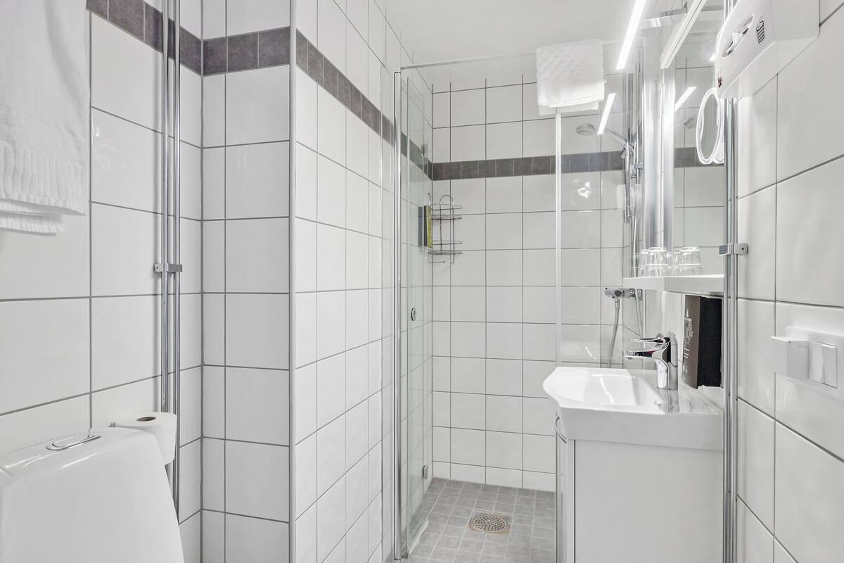 standard room, 2 single beds, non smoking | bathroom | shower, hair dryer, towels