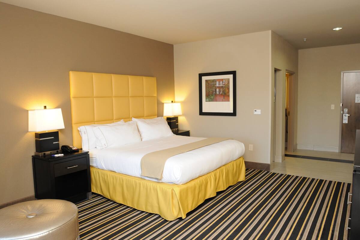 A hotel room with a large bed, two bedside tables with lamps, a framed picture on the wall, and a striped carpet.