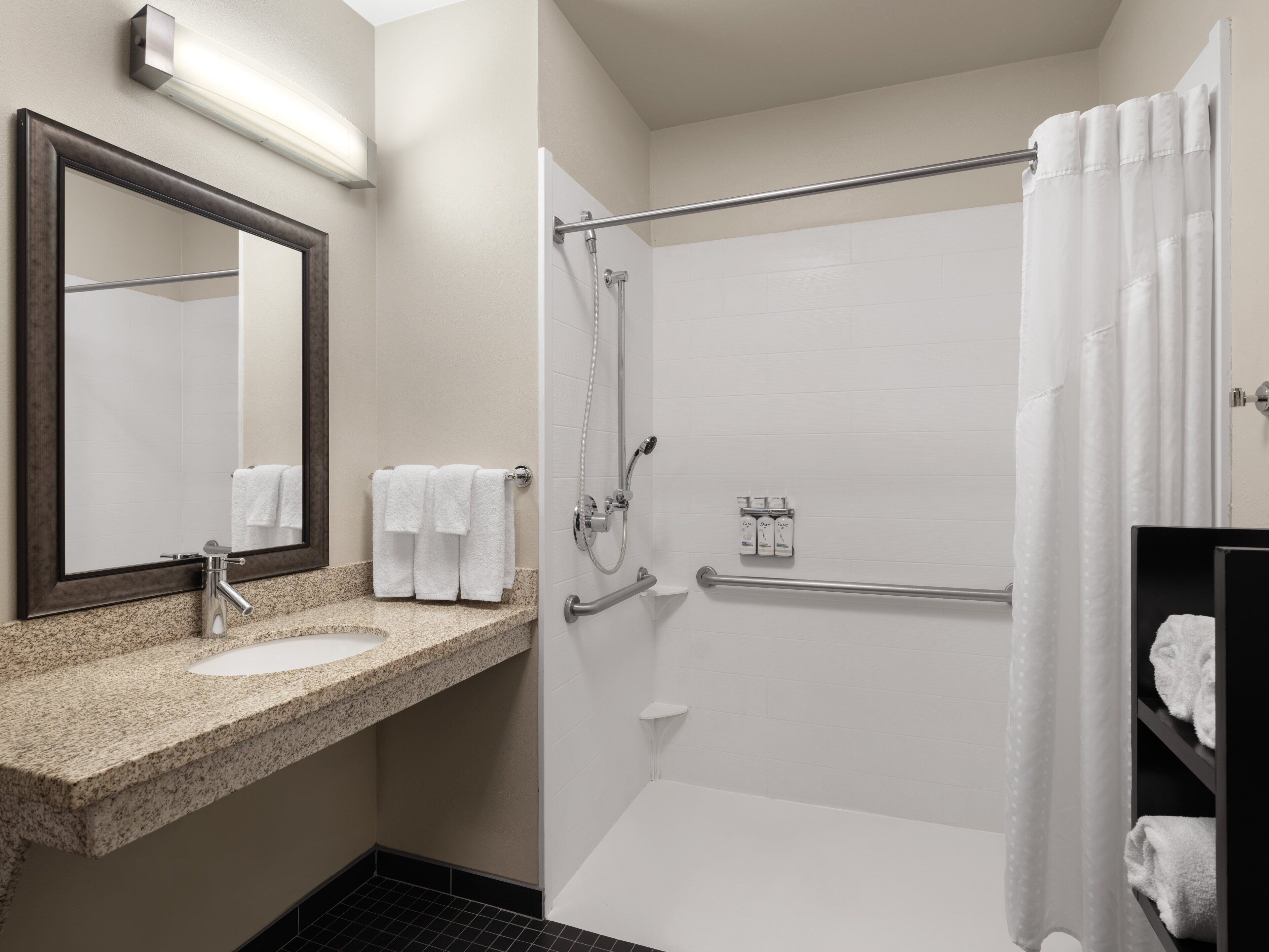suite, 1 bedroom, accessible, kitchen (mobility, roll-in shower) | bathroom | free toiletries, hair dryer, towels, soap