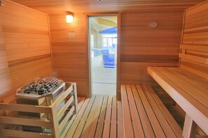 A sauna with wooden walls and benches.