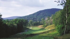 En golfbane med en snoet sti, en sandfælde og en skovklædt bakke i baggrunden.
