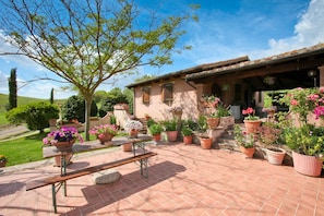 Eine rustikale Villa mit Terrasse, Blumentöpfen und einer Bank.