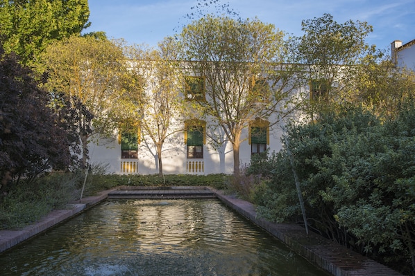 A serene courtyard with a reflective water feature, surrounded by lush greenery and a white building with green shutters.
