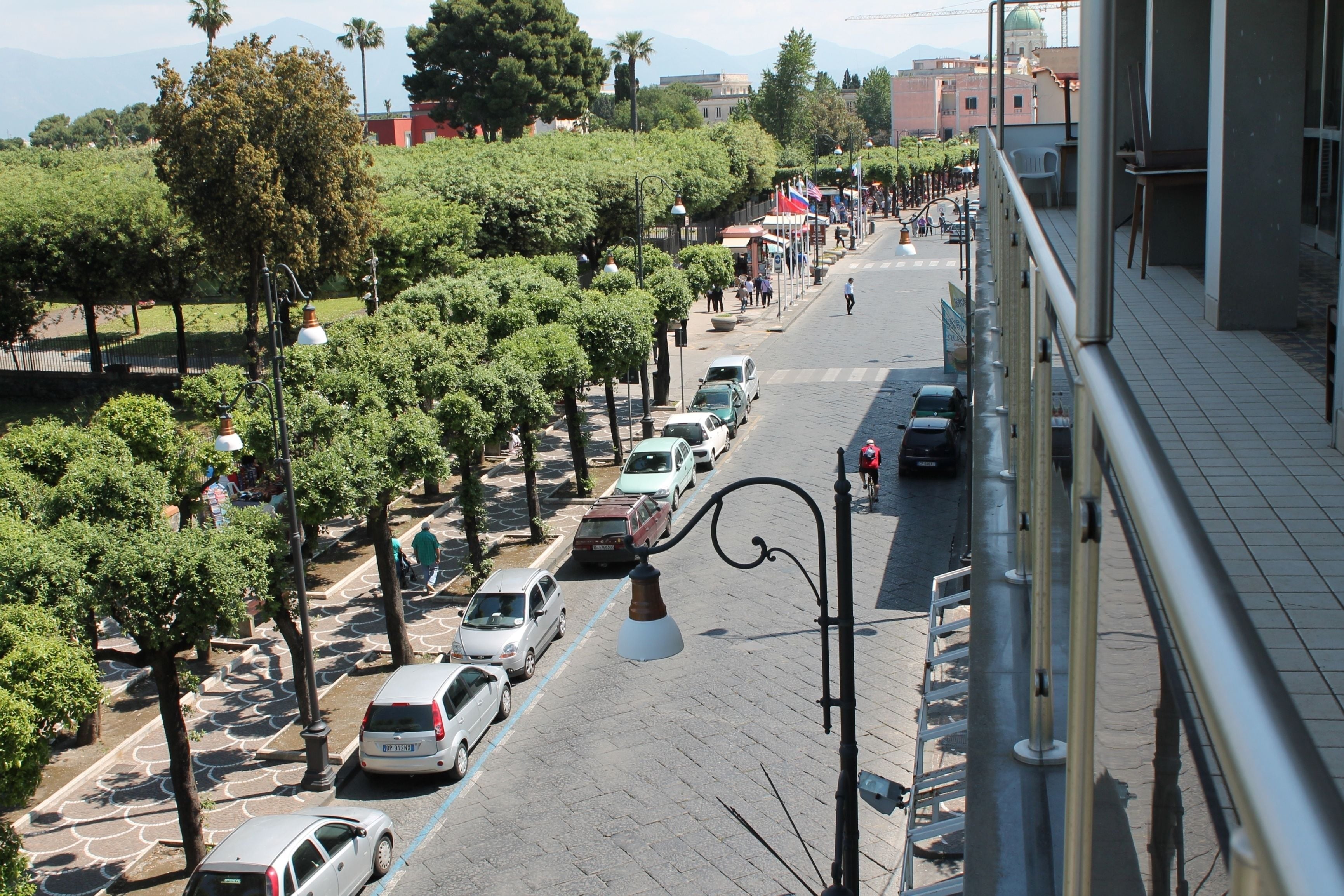Una strada con auto parcheggiate, alberi ed edifici.