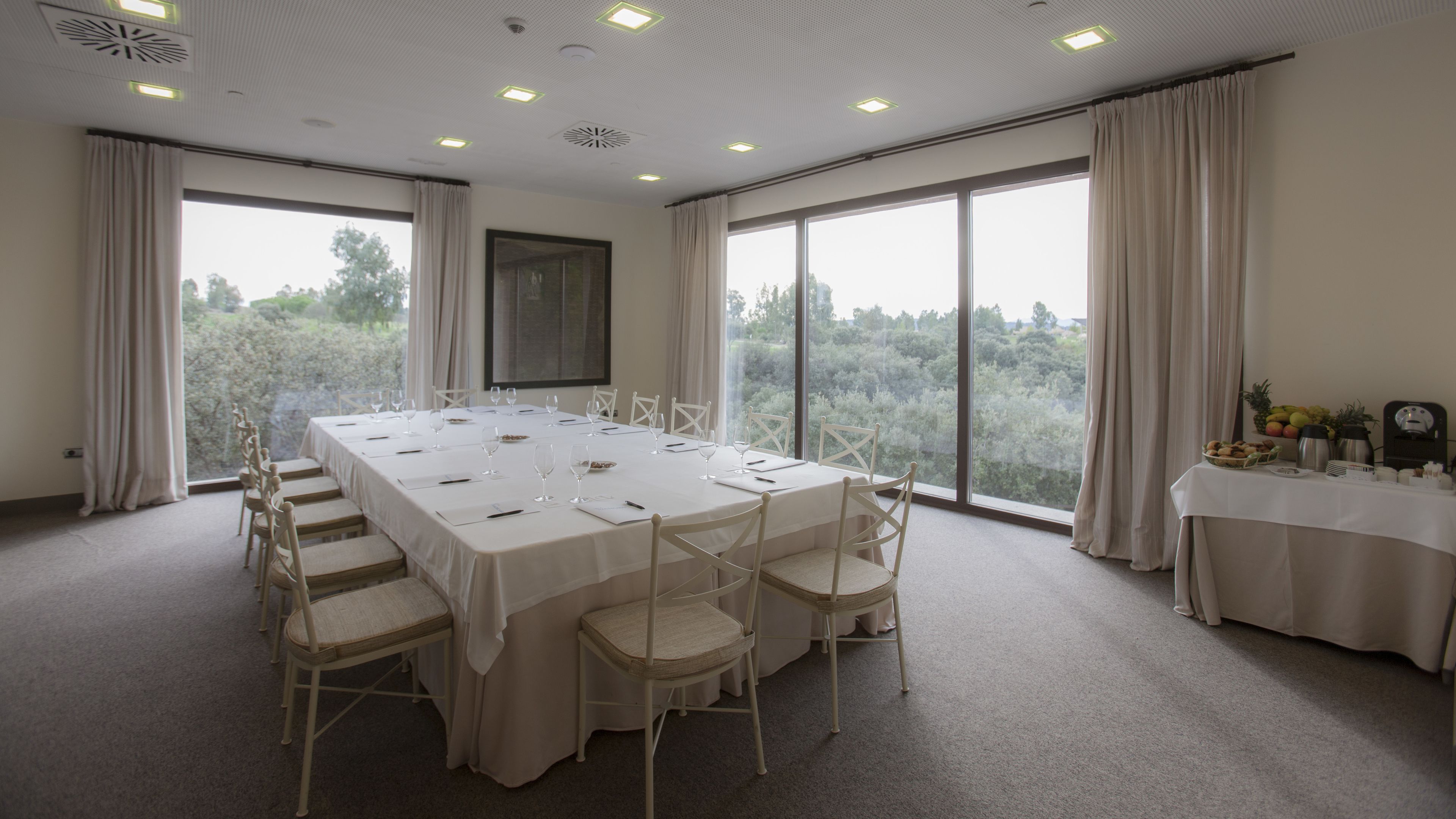 Un salón de conferencias con una larga mesa, sillas blancas y vistas a árboles a través de amplias ventanas.
