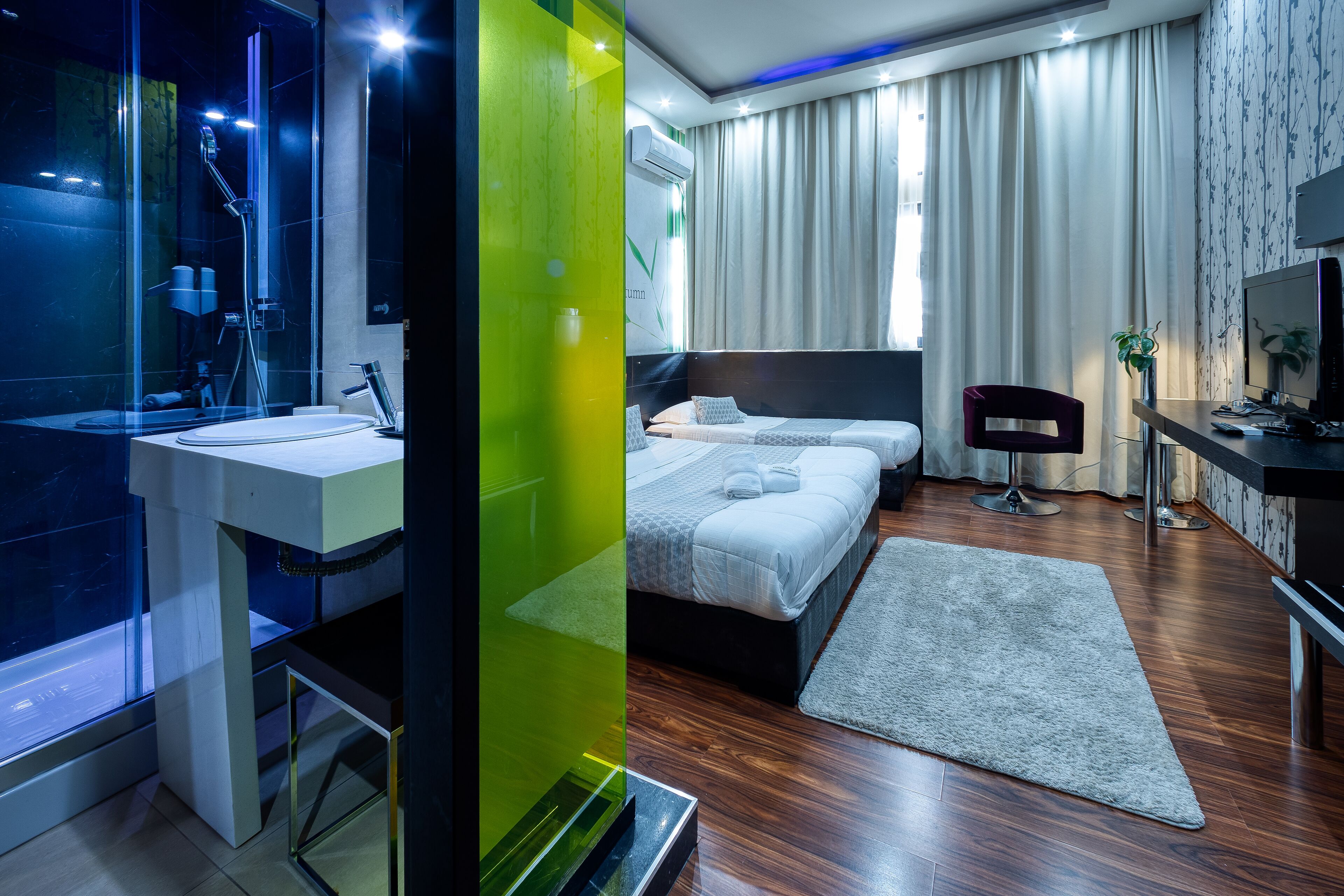 A modern hotel room with a glass shower enclosure, a large bed, a bedside table, and a TV.