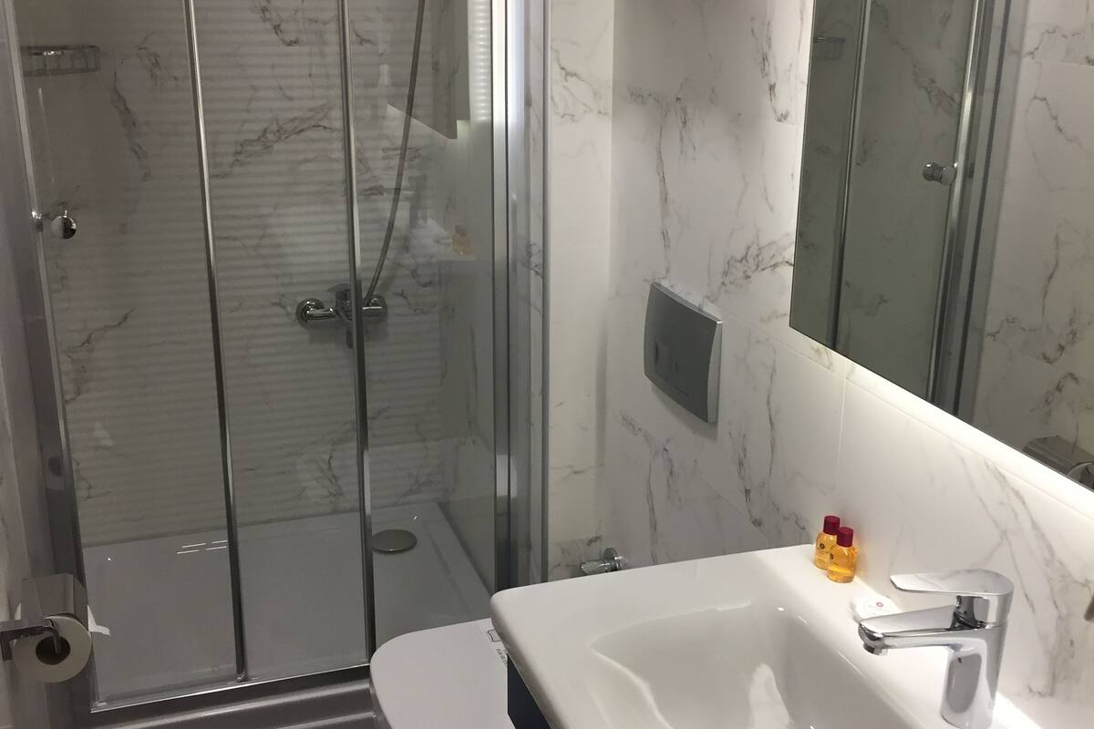 standard double or twin room | bathroom | combined shower/bathtub, hair dryer, slippers, towels