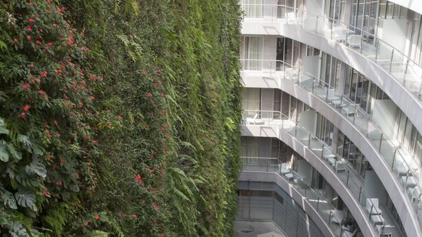 Un edificio moderno con un balcón curvo, mobiliario exterior y una pared verde exuberante con flores rojas.