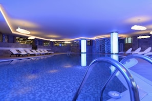 Indoor pool, open 7:00 AM to 10:00 PM, sun loungers