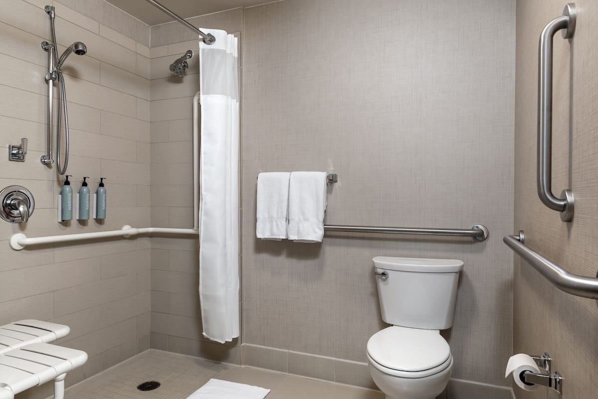 Une salle de bain moderne équipée d’une douche, de toilettes et de barres d’appui.