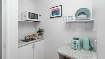 A compact kitchen with a microwave, toaster, and kettle on the counter, a sink, and a potted plant.
