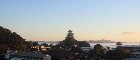 A coastal town with buildings, a prominent tree, and a view of the sea.
