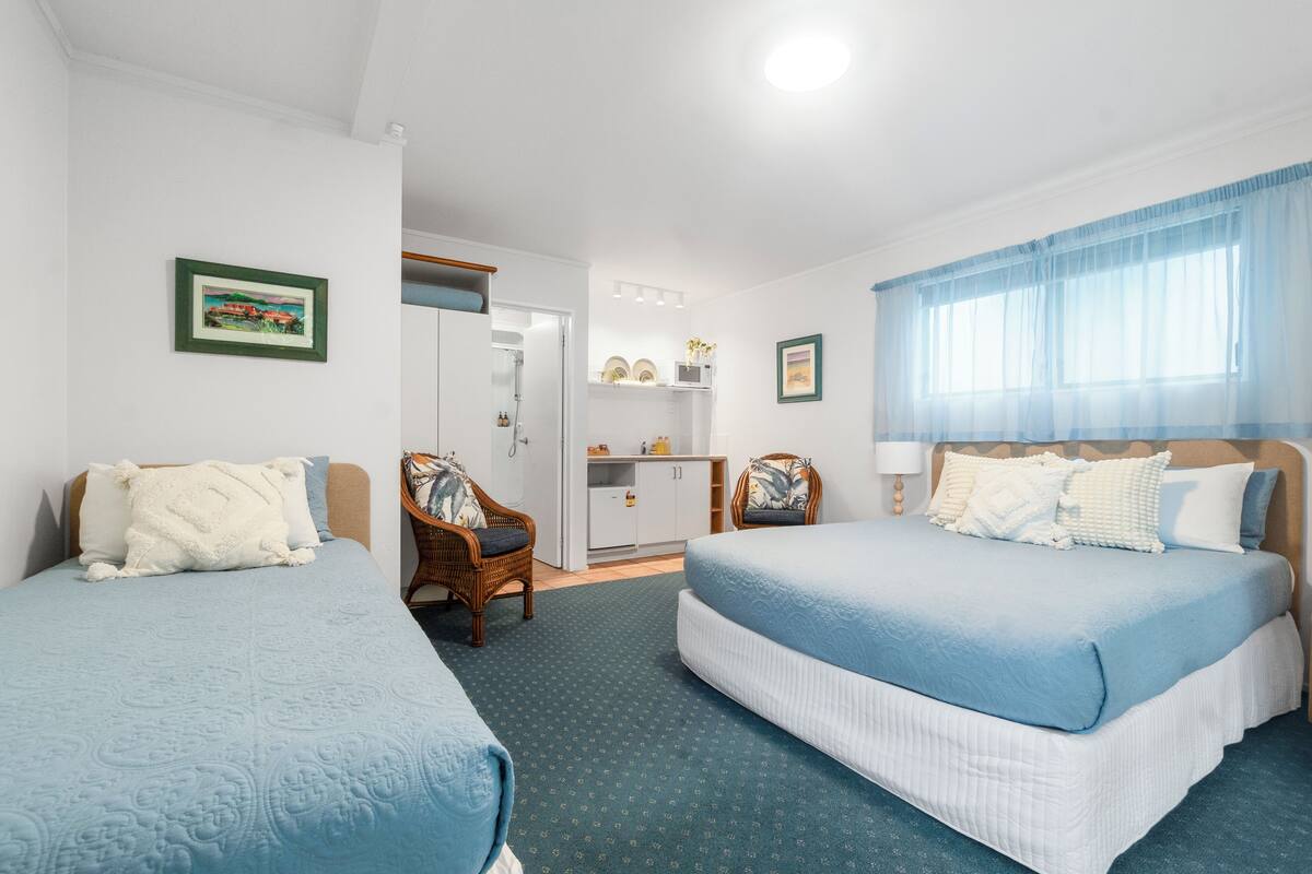 A bedroom with two beds, a dresser, a chair, and a small kitchenette.